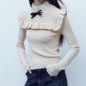 Zara Combination Ruffle Bow Tie Sweater Top Size XS